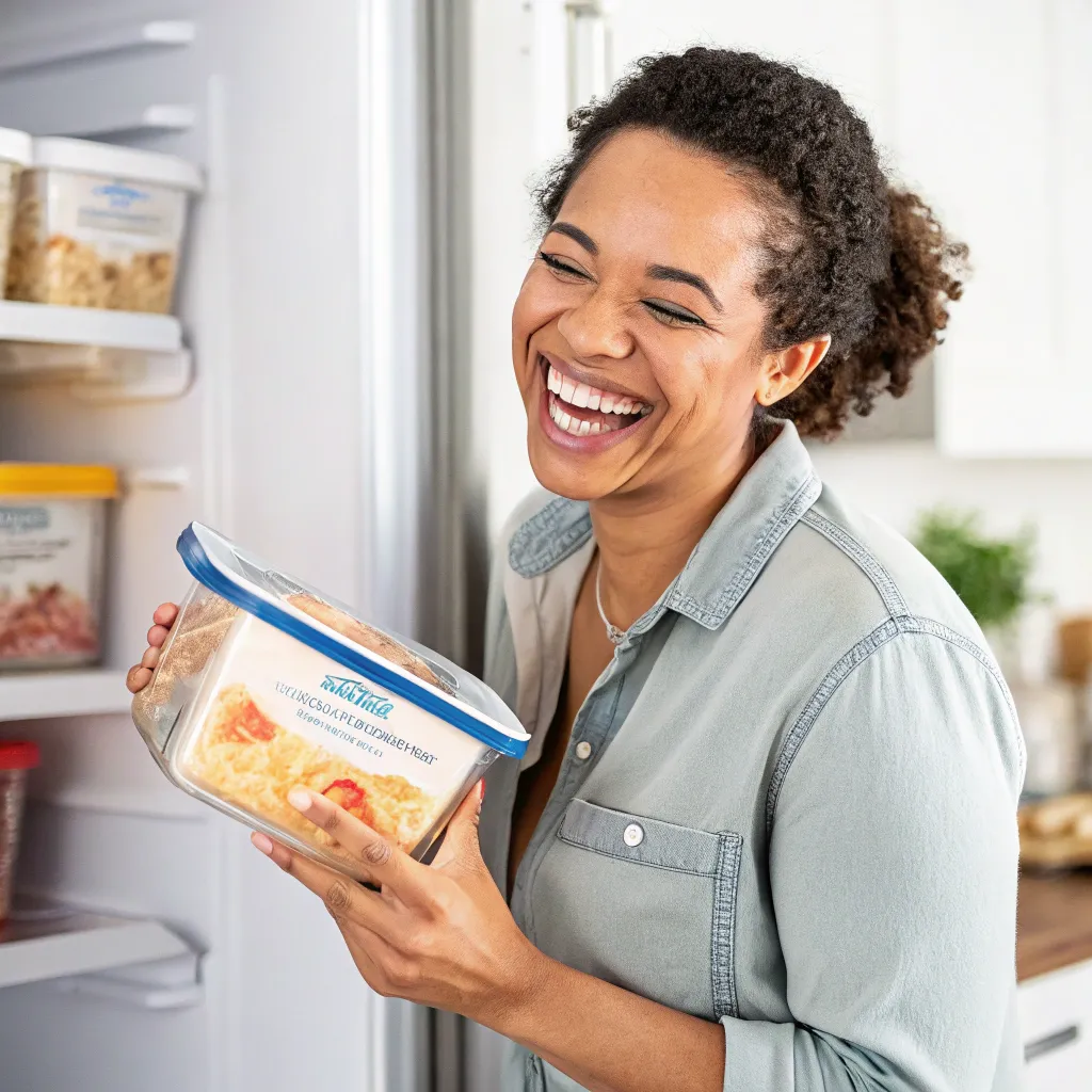 Happy client smiles with frozen meal